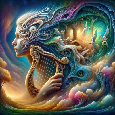 The primary subject of the image is a woman with a harp, surrounded by a vibrant and colorful environment. The setting includes a tree and a cloudy sky, creating a serene and artistic atmosphere. The visual style of the image is a combination of digital art and illustration, showcasing the woman's unique and creative expression. The colors and mood of the image are predominantly warm and inviting, with the woman's harp and the surrounding elements contributing to a sense of harmony
